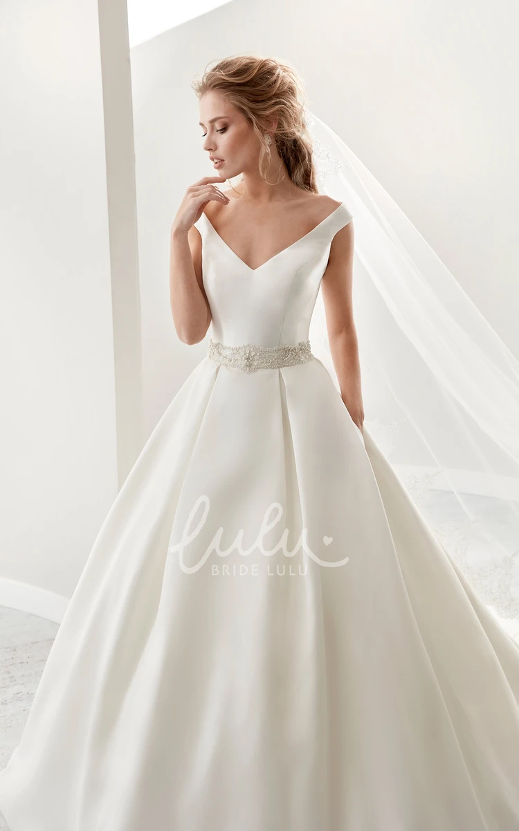 Satin V-Neck A-Line Bridal Gown with Beaded Belt and Brush Train