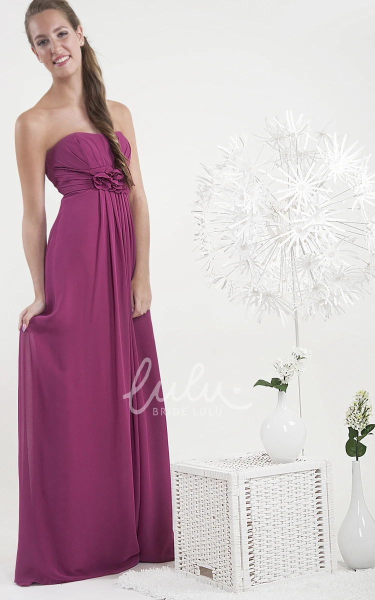 Ruched Strapless Chiffon Bridesmaid Dress with Flower Elegant Maxi