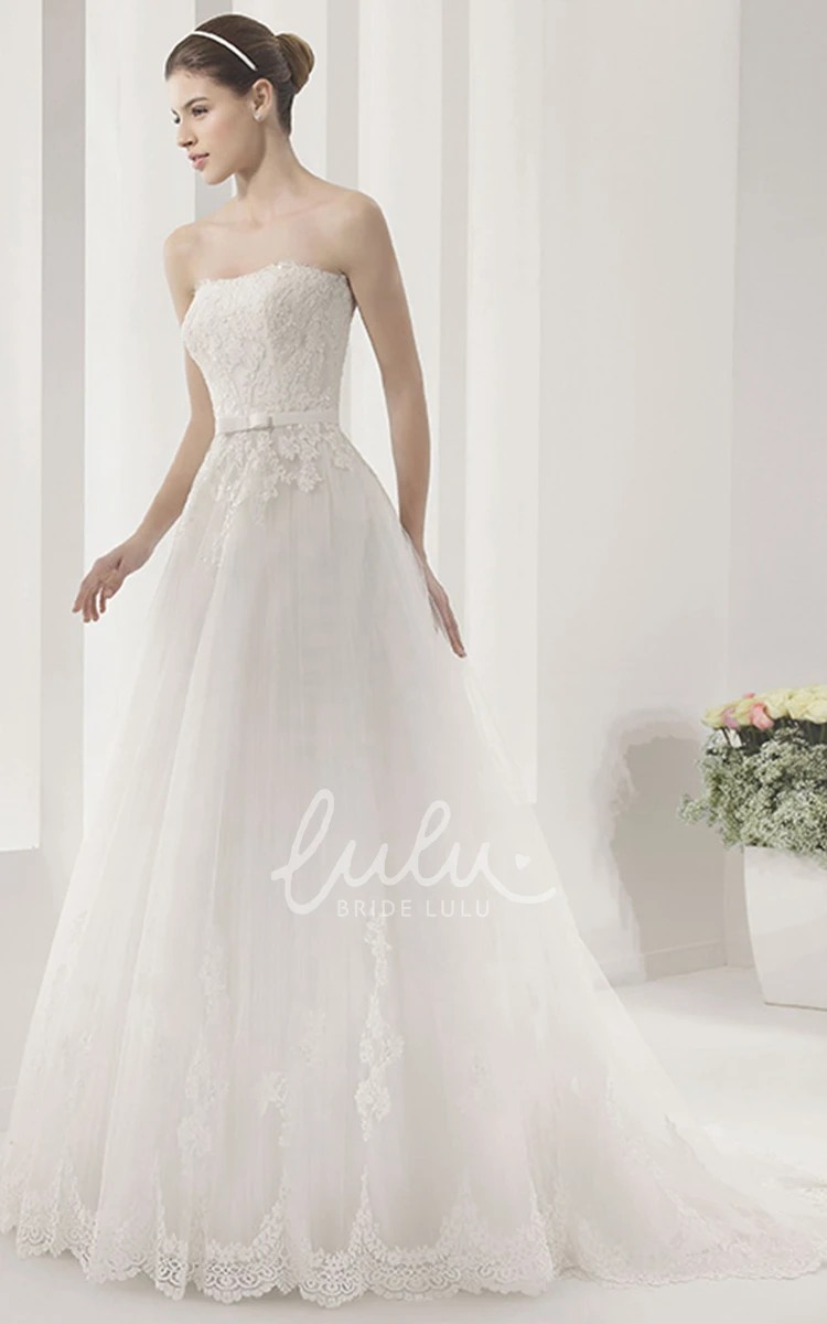 Tulle Strapless Ball Gown with Lace and Belt Simple Wedding Dress