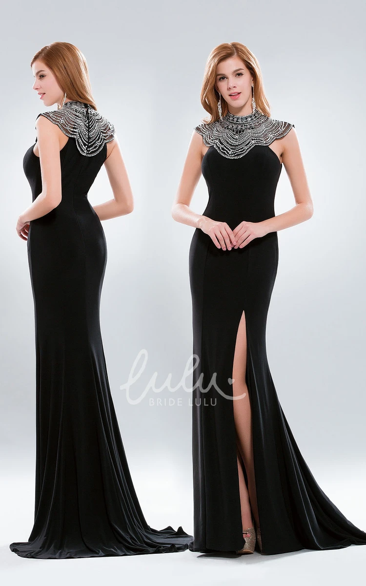 High Neck Sheath Jersey Formal Dress with Split Front and Cap-Sleeve Beading