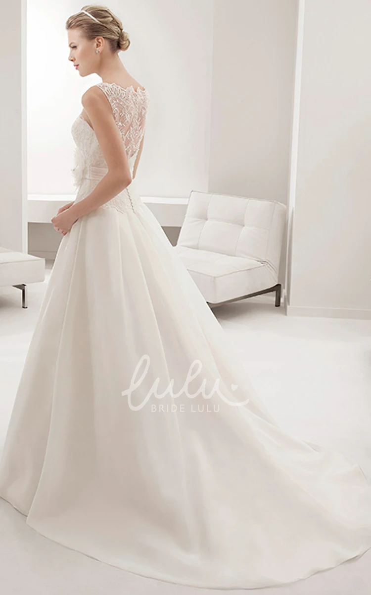 Illusion Neckline A-Line Wedding Dress with Sleeveless Design and Waist Flower Embellishment