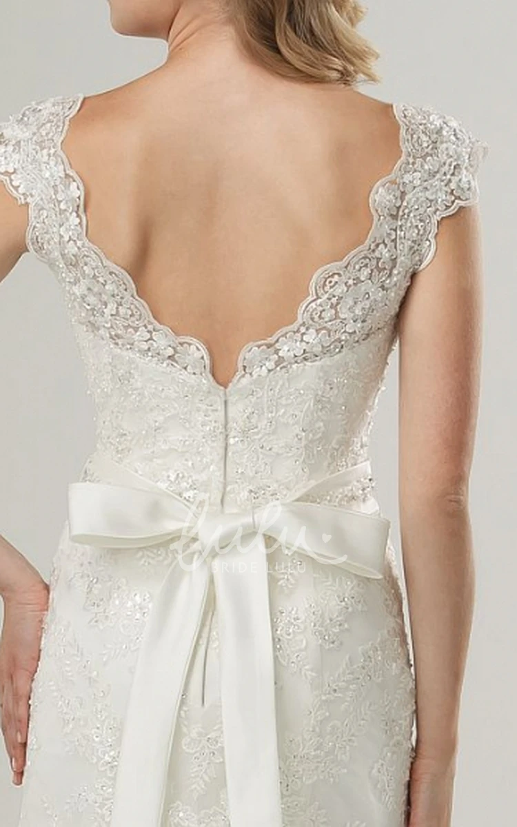 Cap-Sleeve Jeweled Lace Wedding Dress with V-Neck Sheath Bridal Gown