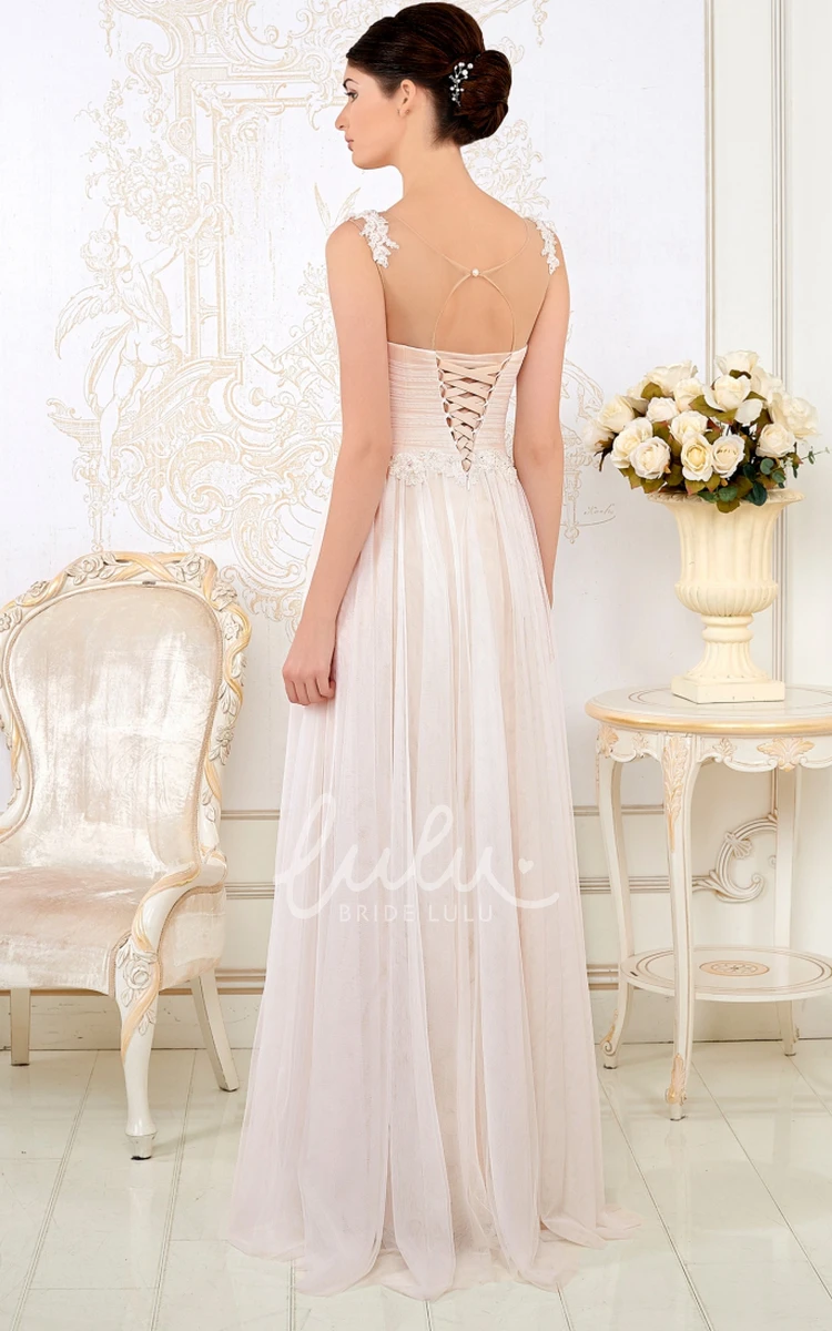 Elegant V-Neck Appliqued Tulle Wedding Dress with Ruched A-Line Silhouette