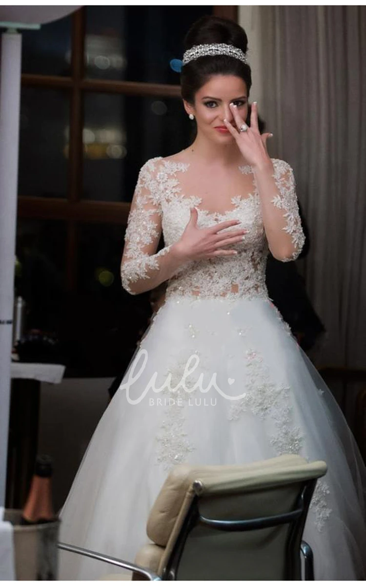 A-line Tulle Lace Wedding Dress with Long Sleeves Beautiful Bateau Neckline