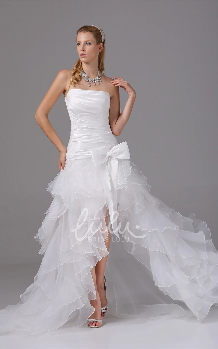 Organza High-Low Prom Dress with Ruffles Strapless Bow Design