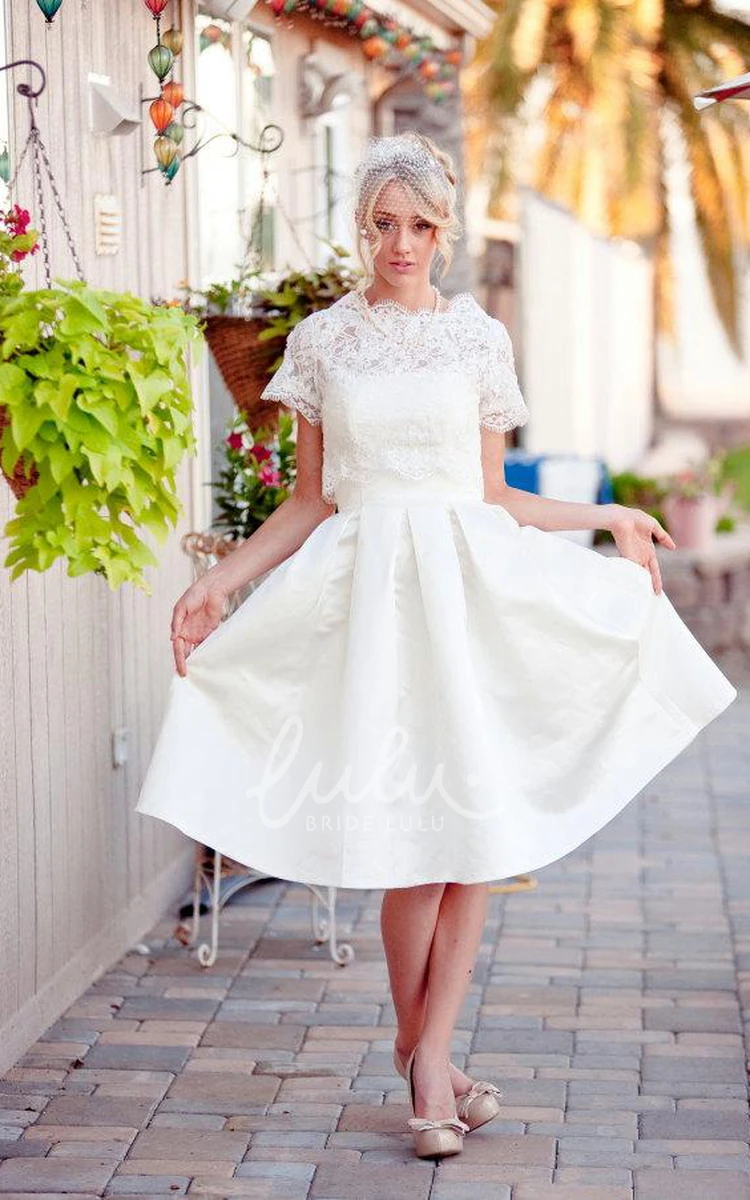 Lace Button Back Scalloped Sleeve Satin Wedding Dress