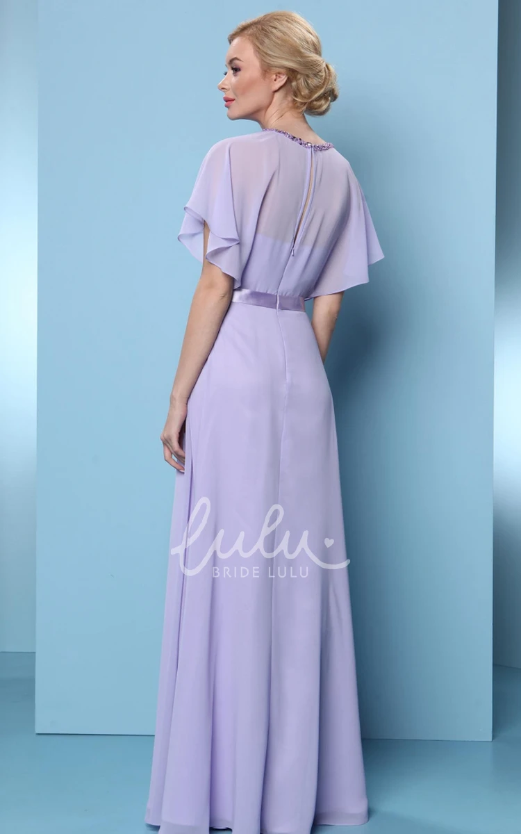 Beaded Chiffon Bridesmaid Dress with V-Neck and Poet Sleeves