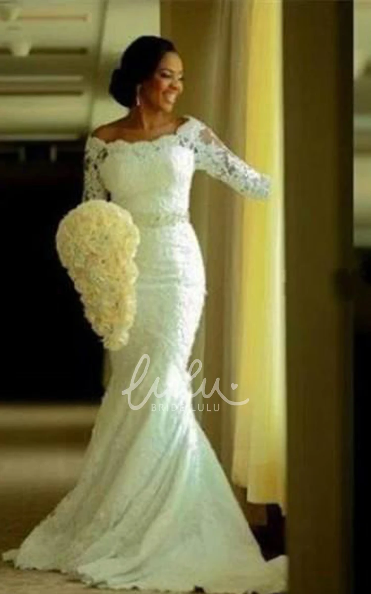 Off-the-shoulder Lace Mermaid Wedding Dress with Trumpet Skirt and Zipper
