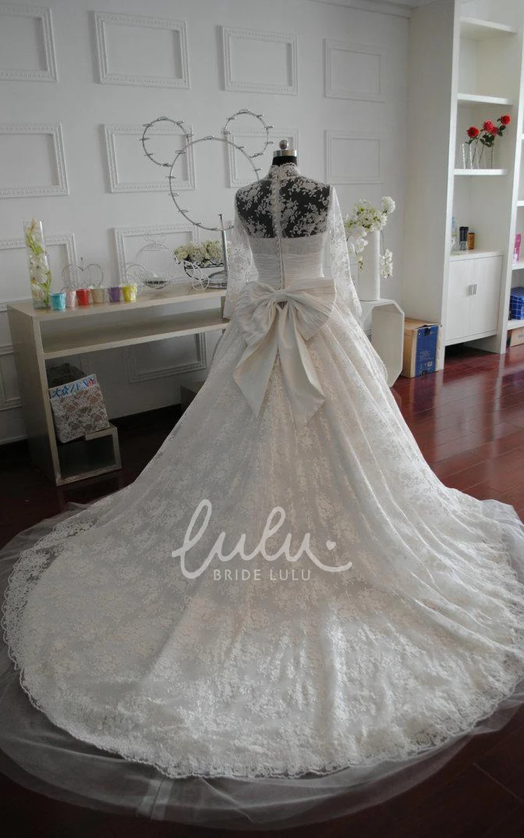 High Neck Bell Sleeve A-Line Wedding Dress with Illusion Lace and Sequins