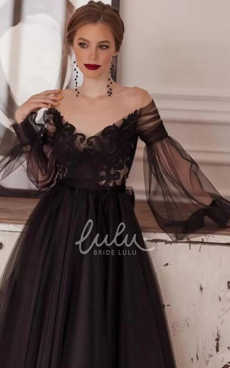 A Line Tulle Long Sleeve Cocktail Dress with Appliques Elegant Formal Dress