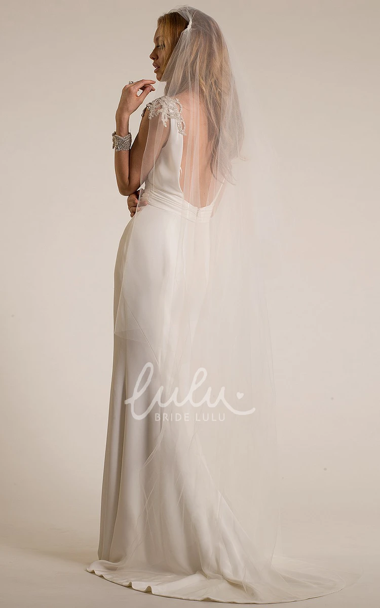 Cap-Sleeve V-Neck Sheath Wedding Dress with Epaulet Elegant Floor-Length Gown