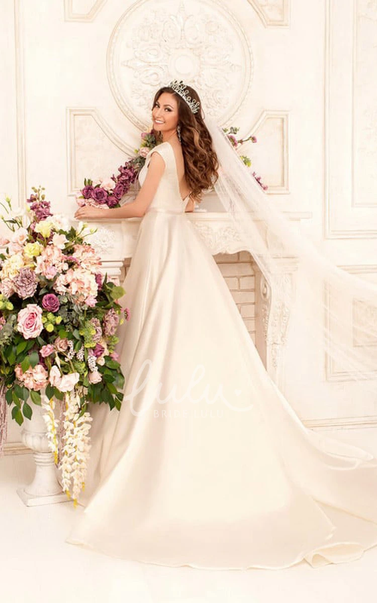 Satin A-Line Wedding Dress with Deep-V-Back Cap-Sleeves and Waist Jewellery