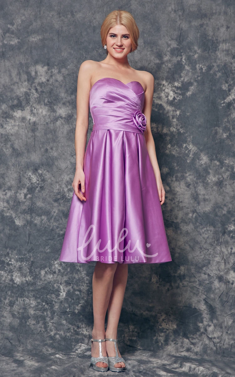 Knee Length A-line Satin Bridesmaid Dress with Floral Ruching Sweet and Chic