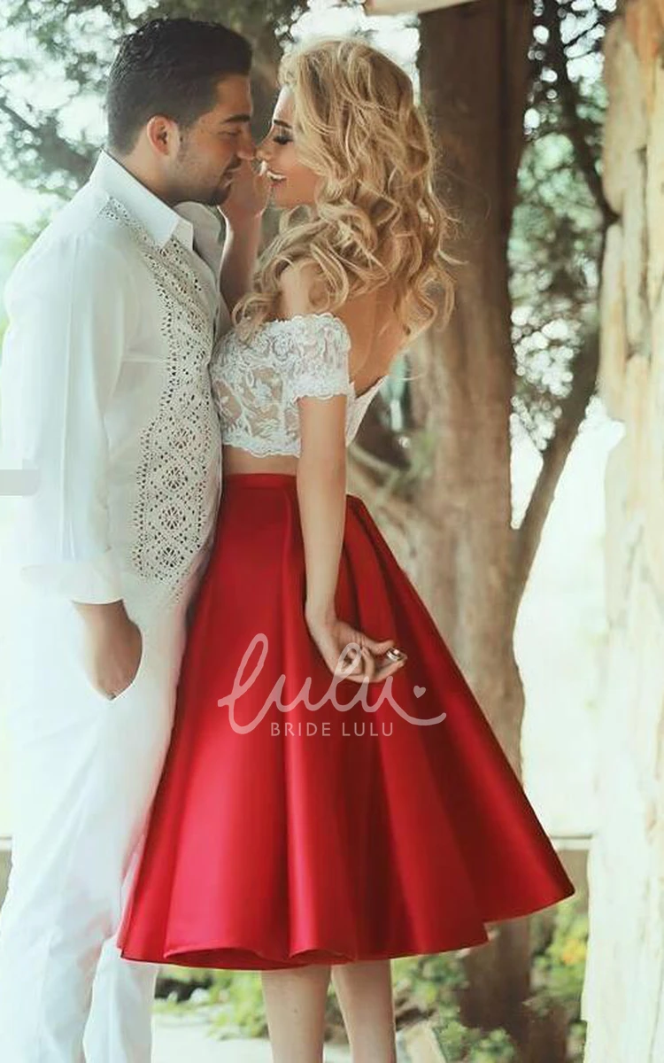 Two Piece Prom Dress Sexy Lace Tea-length Off-the-shoulder Flowy Dress