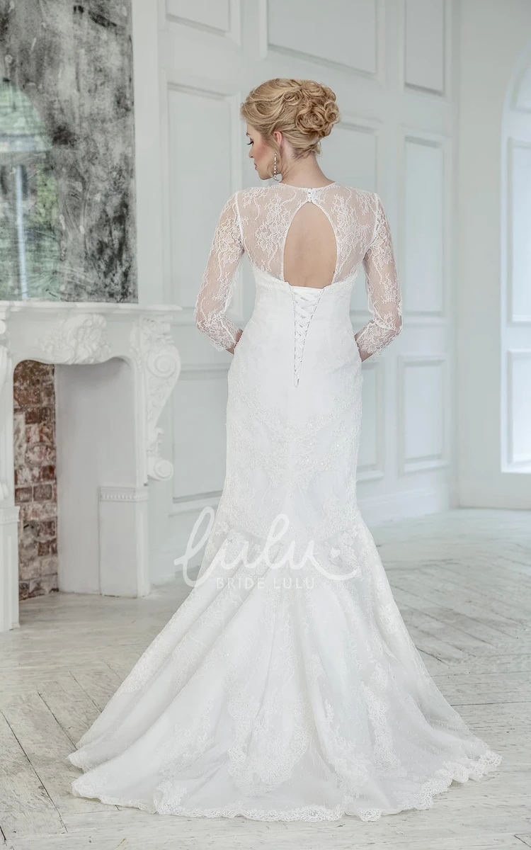 Jewel Lace Mermaid Wedding Dress with Keyhole and 3/4 Sleeves