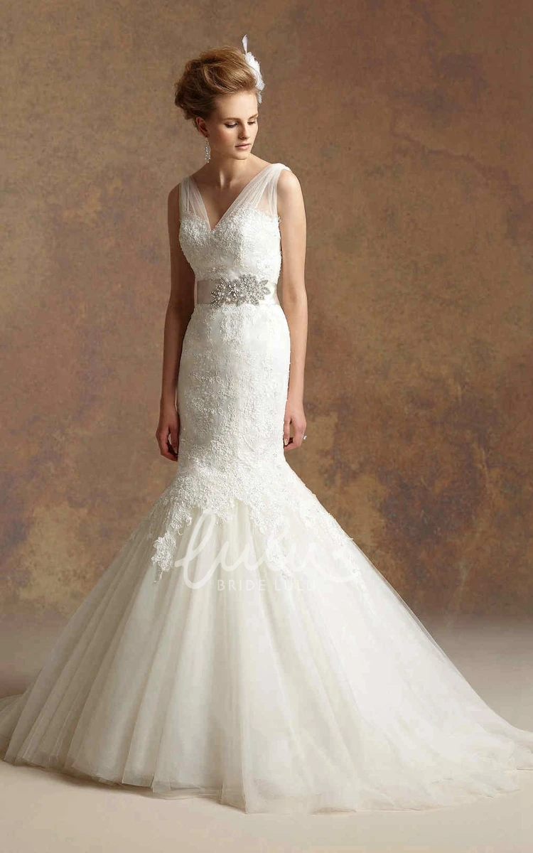 V-Neck Mermaid Wedding Dress with Lace Appliques and Bow Flowy Bridal Gown