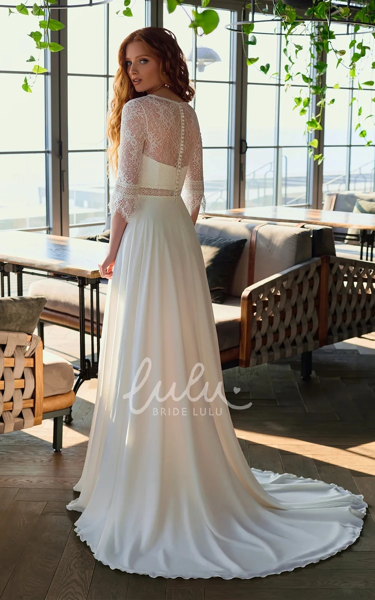 A-Line Satin Gorgeous Sweep Train Lace Illusion Half Sleeve Wedding Dress