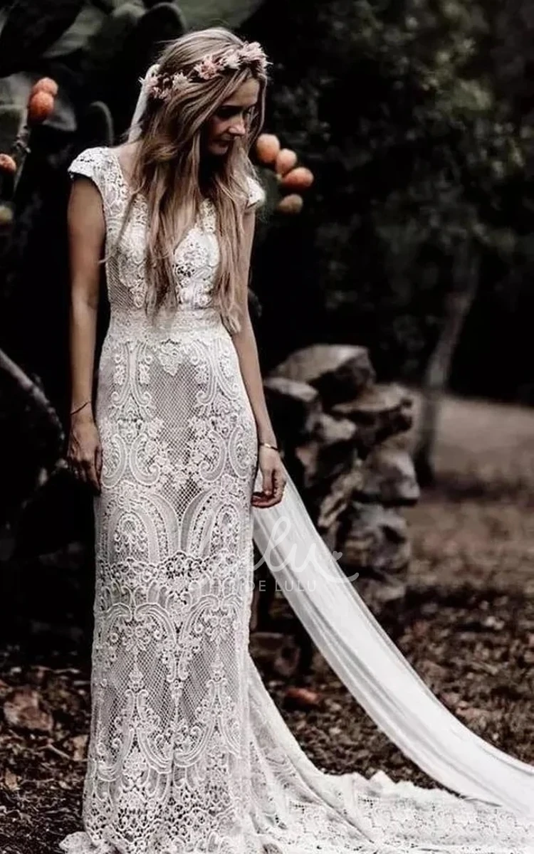 Elegant Country Boho Lace Mermaid Wedding Dress Rustic Vintage Short Cap Sleeve V-Neck Barn Garden Forest Gown with Low Back Court Train