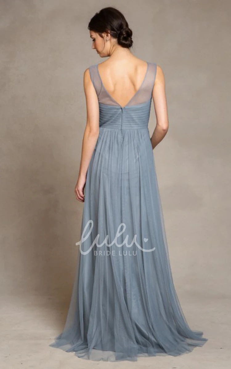 Sleeveless Bateau Neck Empire Tulle Bridesmaid Dress with Criss-Cross Flowy Bridesmaid Dress