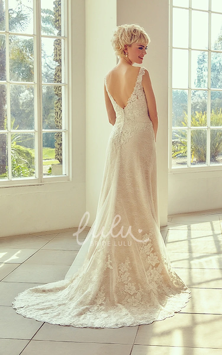 Appliqued Lace Wedding Dress with V-Neckline and Sweep Train Elegant Bridal Gown