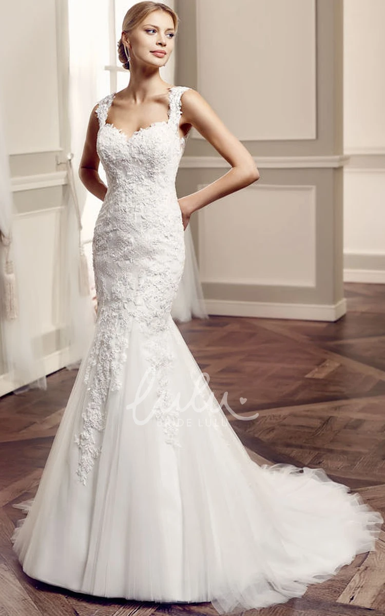 Floor-Length Lace&Tulle Wedding Dress with Appliques and Brush Train Modern Bridal Dress