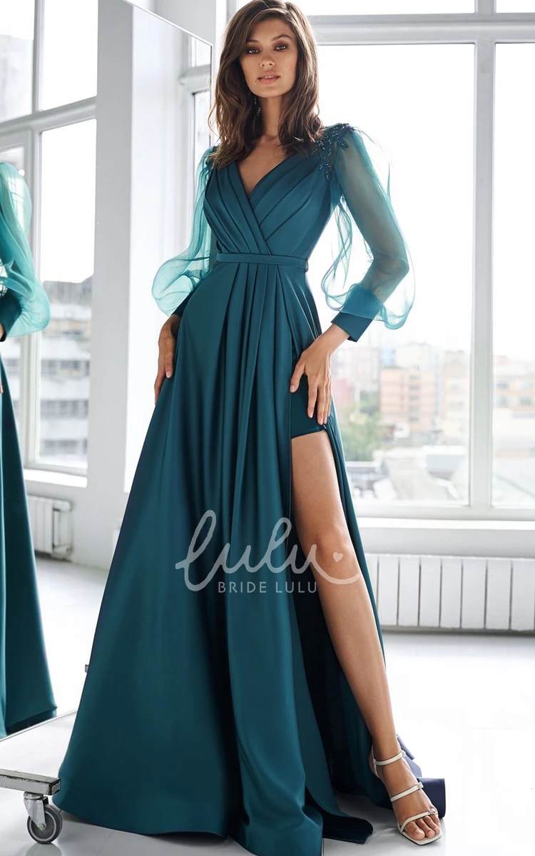 Satin V-neck Mother Dress with Ruching and Split Front Sexy A Line Formal Dress