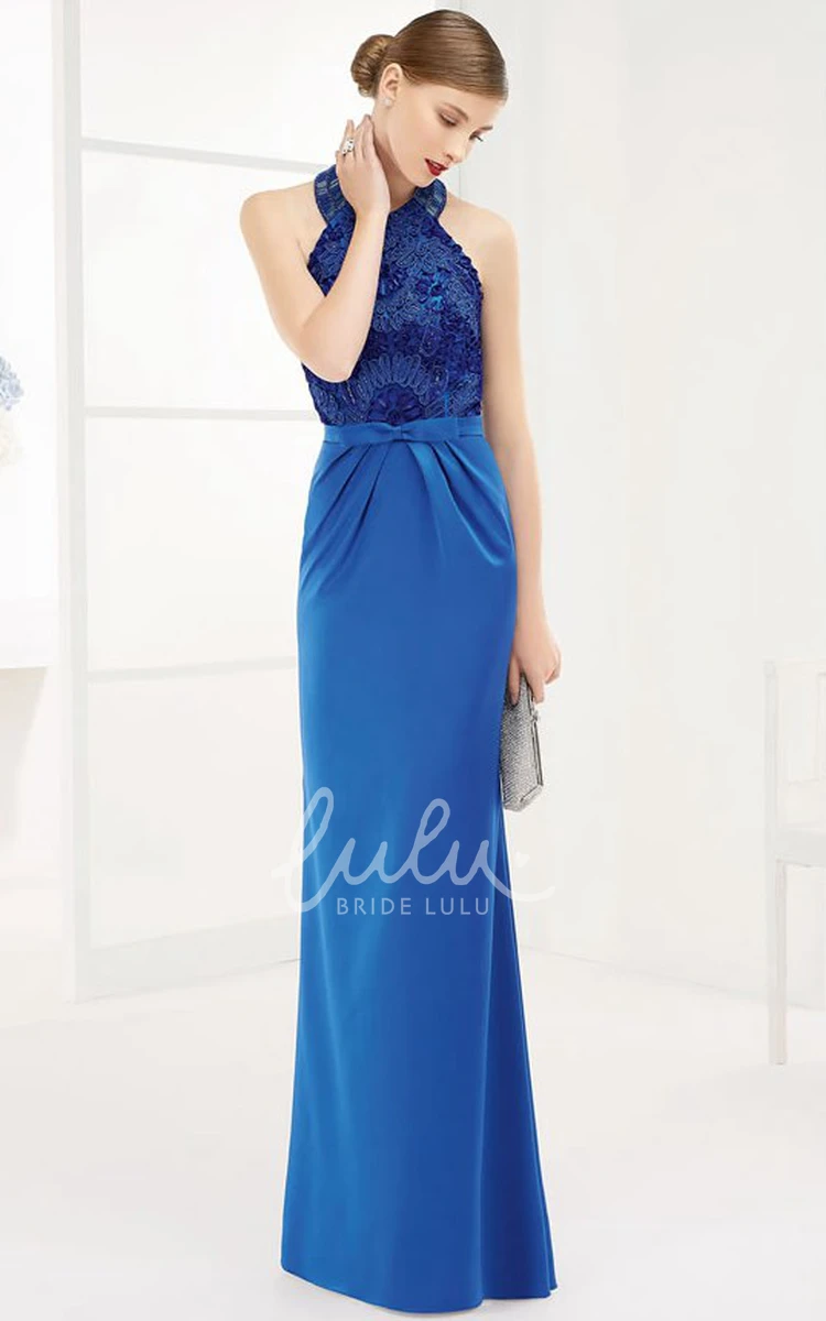 Long Halter Sheath Prom Dress with Appliqued Top and Waist Bow