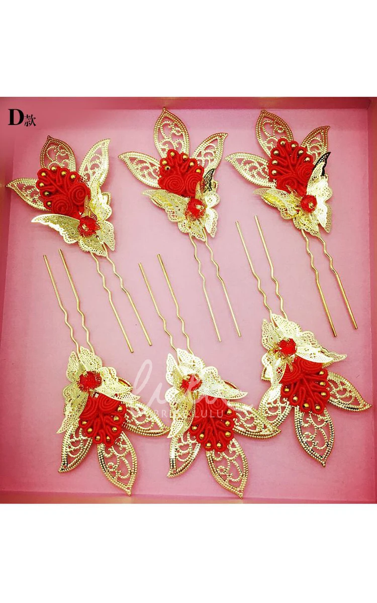 Chinese Cheongsam Wedding Hair Accessories Set with Red Hairpin U-Shaped Clip and Plate