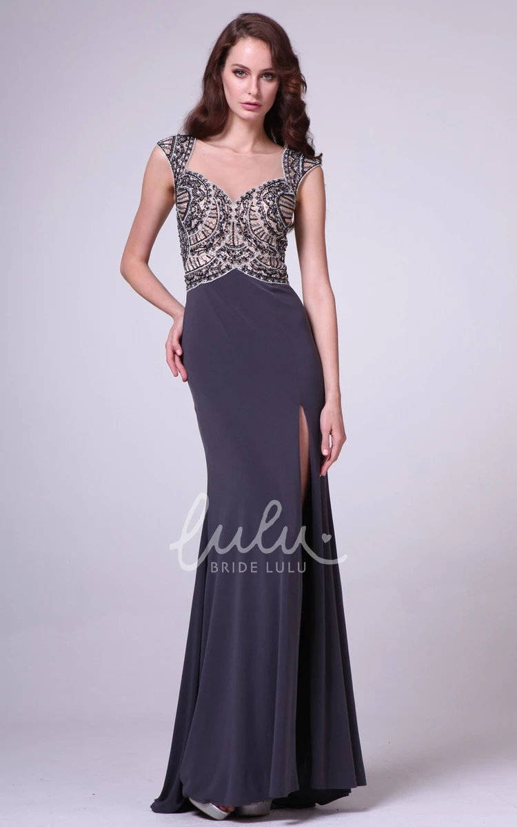 Cap-Sleeve Jersey Illusion Sheath Prom Dress with Beading and Split Front