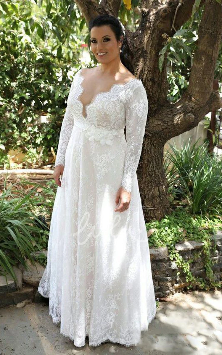A Line V-neck Lace Zipper Wedding Dress