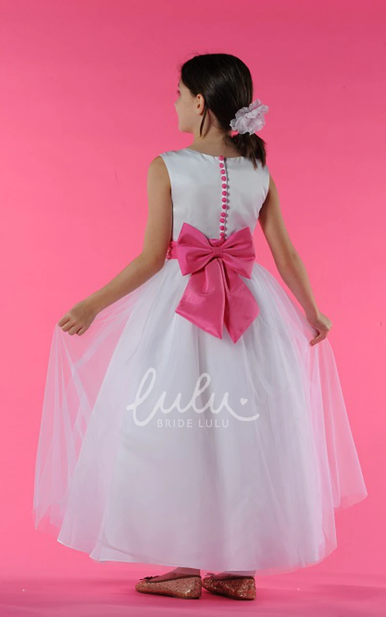 A-line Tulle Flower Girl Dress with Bow Scoop Neck Ankle Length