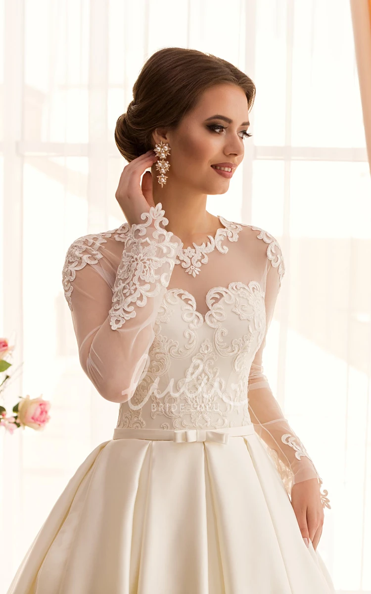 Jewel Long-Sleeve A-Line Satin Dress with Illusion and Appliques