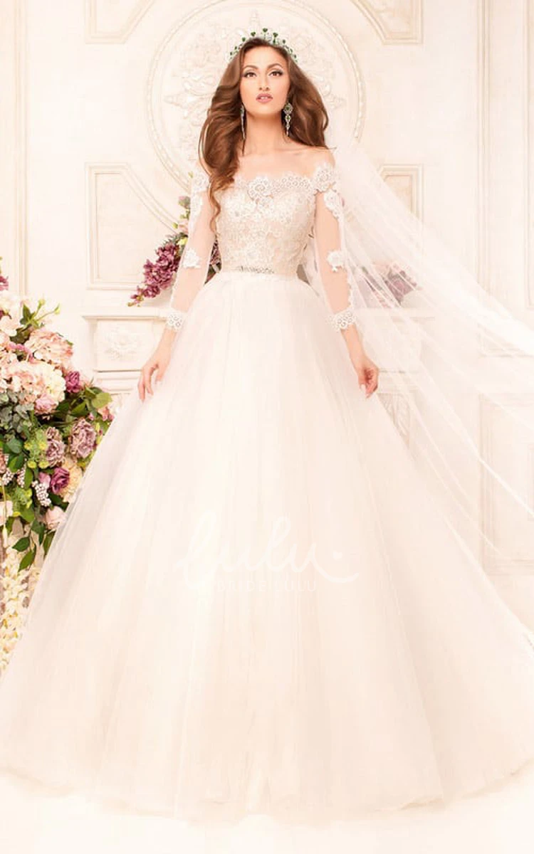 Off-The-Shoulder Ball Gown with Illusion Sleeves and Appliques