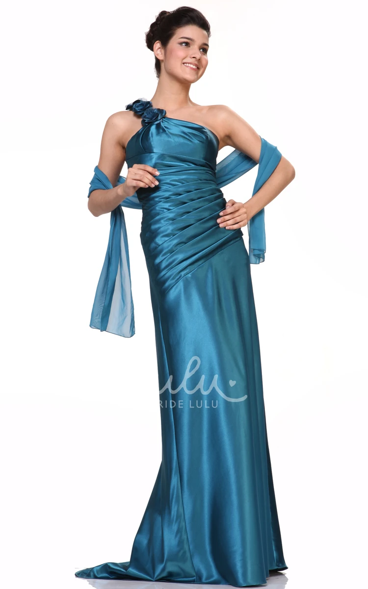 Satin One-Shoulder Prom Dress with Flower and Ruching