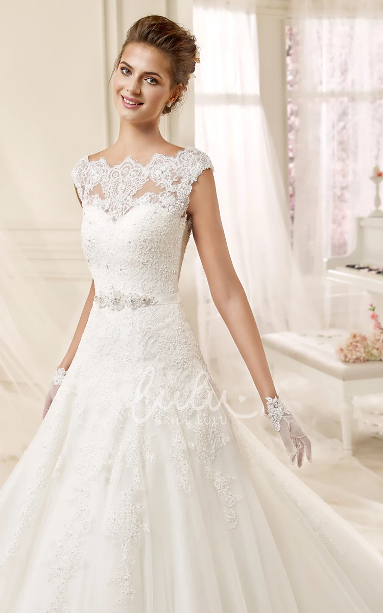 Cap-Sleeve A-line Wedding Dress with Appliques and Scalloped Neckline