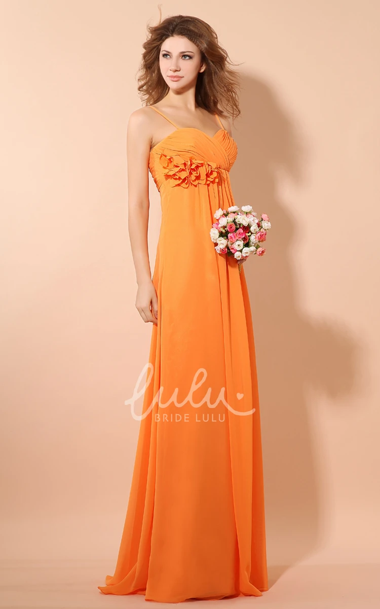 Empire Pleated Dress with Soft Flowing Fabric Floral Detailing and Ruching for Formal Events