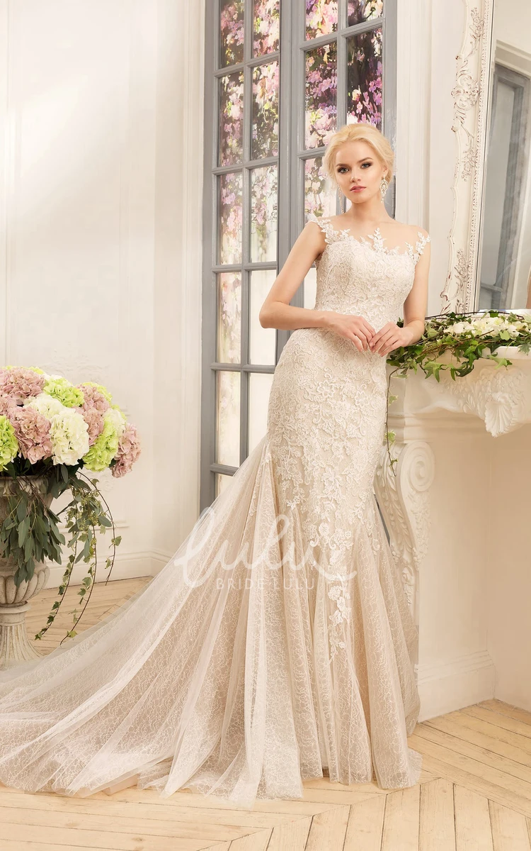 Illusion Lace Tulle Sheath Dress with Cap Sleeves Wedding Dress