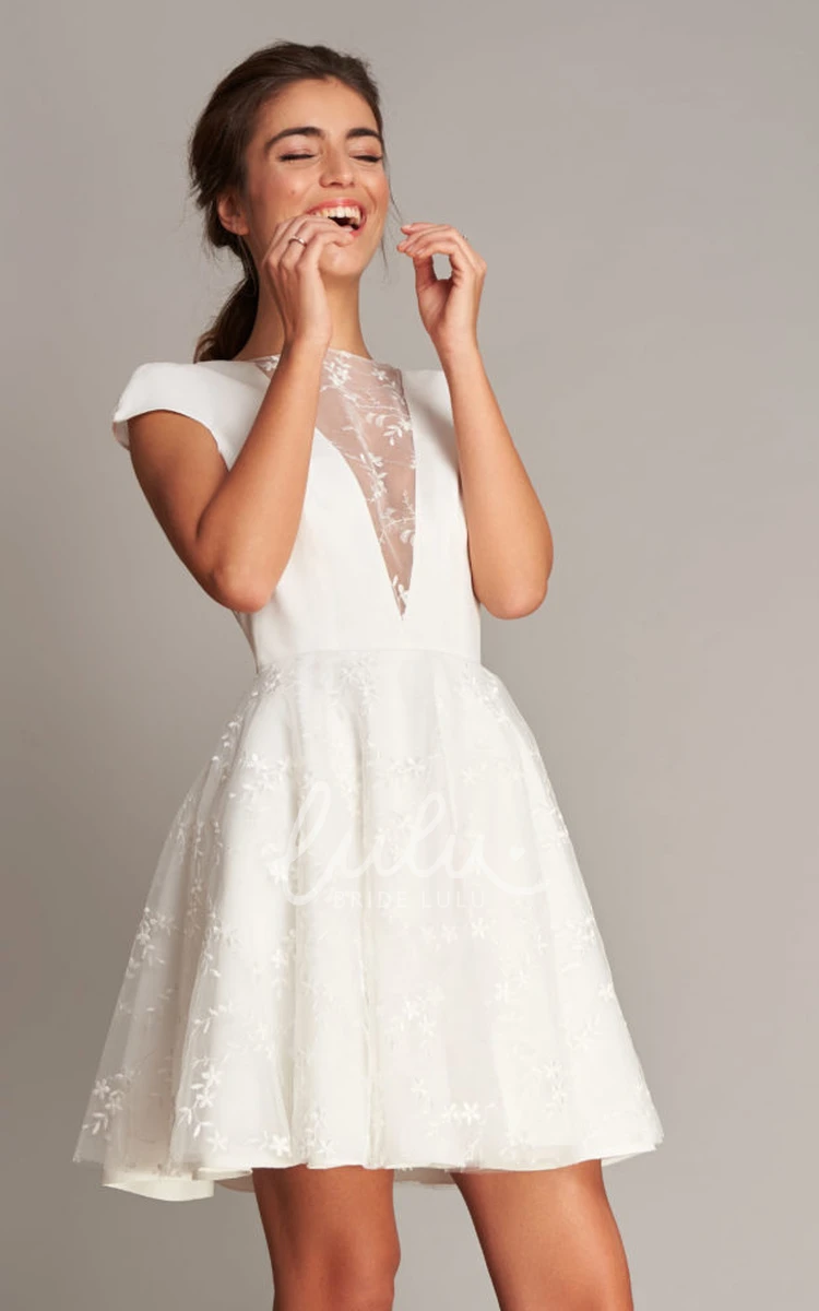 Jewel Neck Satin Lace A-Line Short Wedding Dress with Deep-V Back & Cute Design