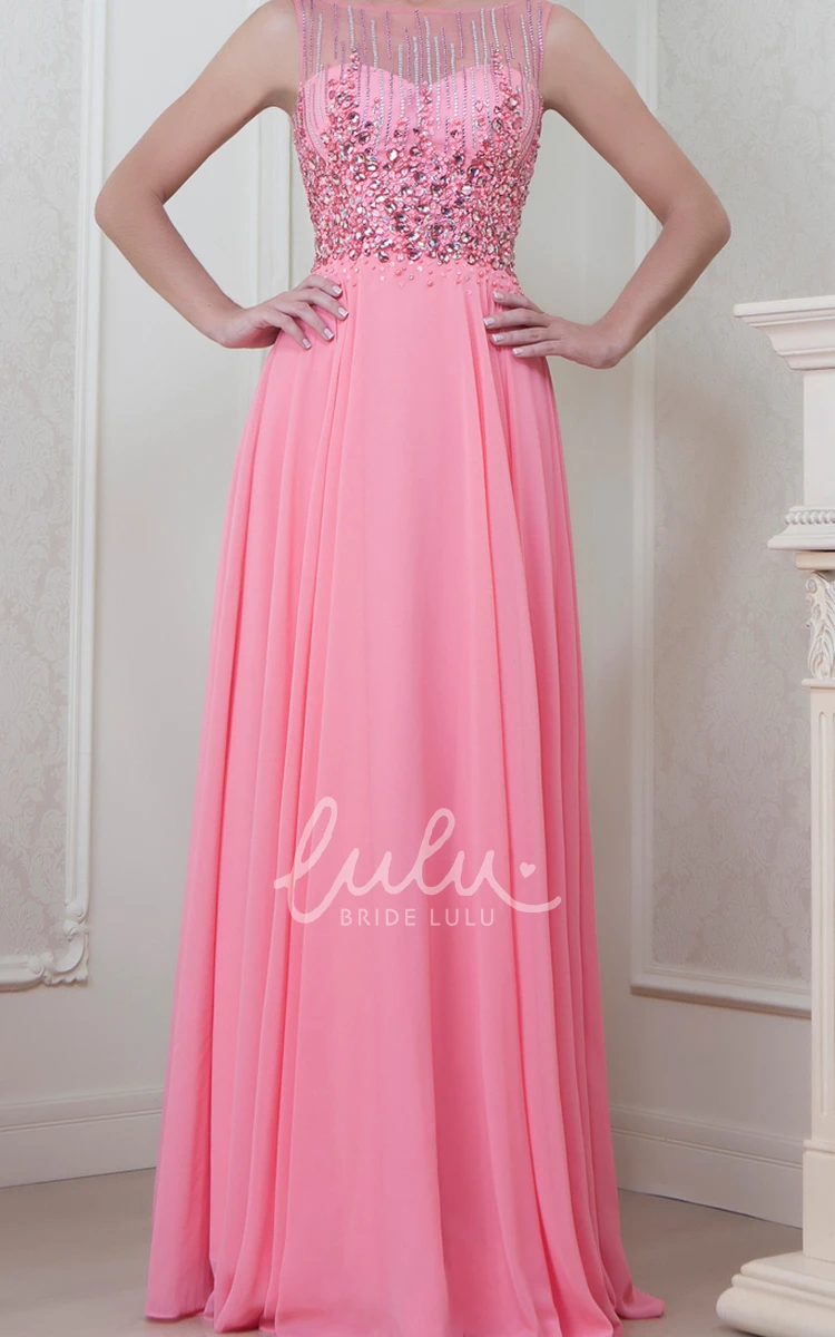 Beaded Jewel-Neck Sleeveless Chiffon Formal Dress A-Line Style