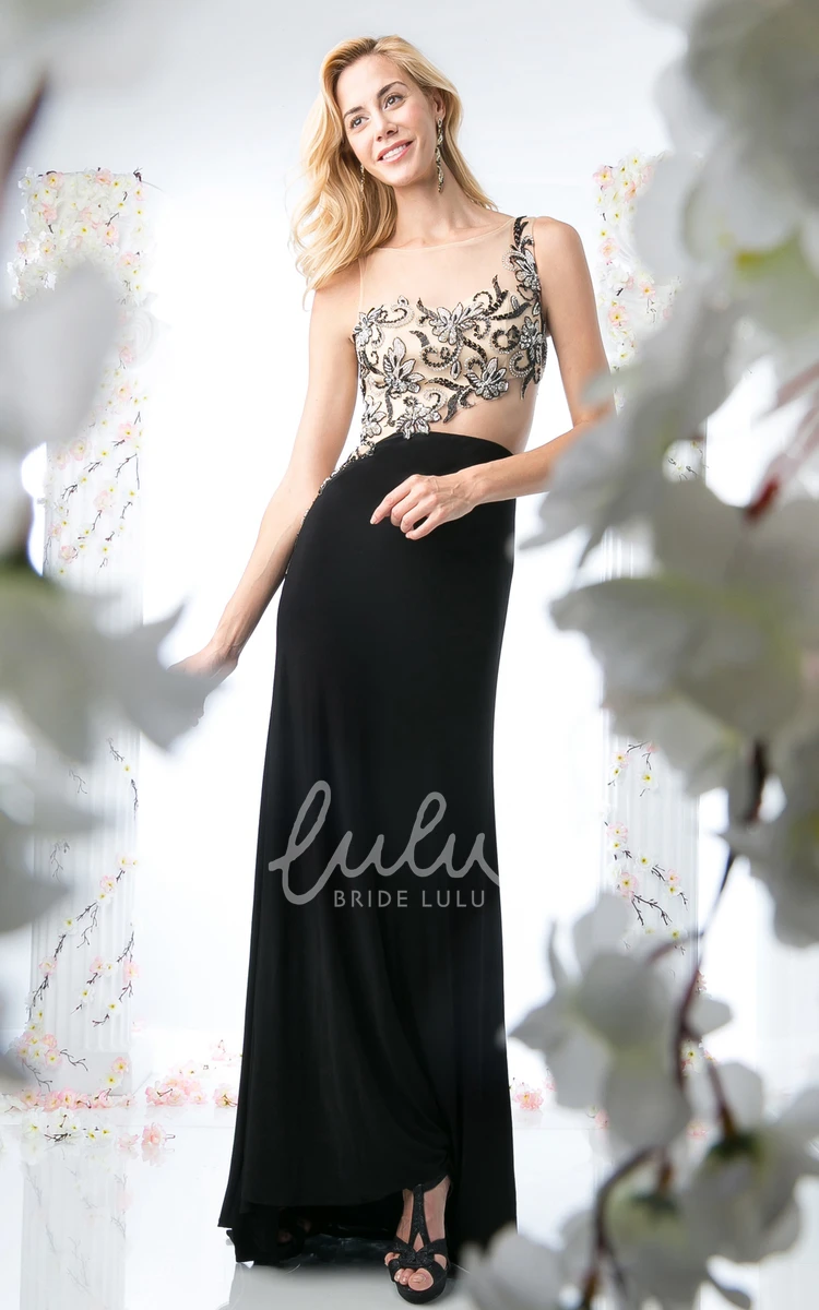 Long Sleeveless Jersey Sheath Prom Dress with One-Shoulder Illusion and Beading