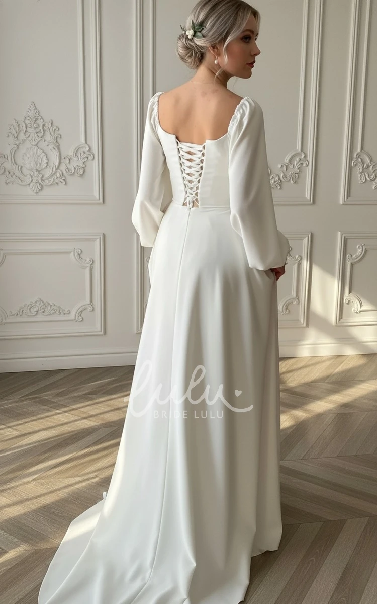 Romantic Vintage A-Line Wedding Dress with Puffy Long Sleeves Square Neck Back Lace-Up Elegant Bridal Gown