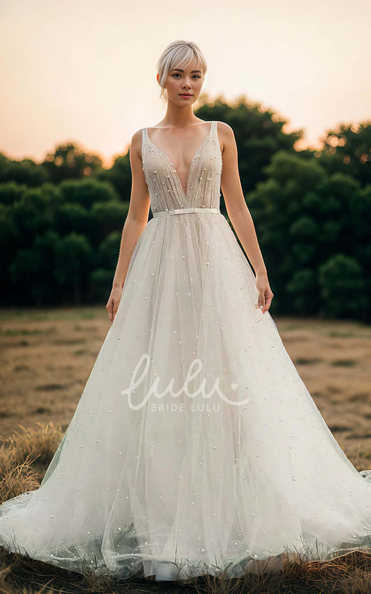 Glamorous A-Line Plunging Neckline Straps Tulle Wedding Dress Ethereal Elegant Plus Size Floor-length Sleeveless Backless Beaded Bridal Gown with Sash