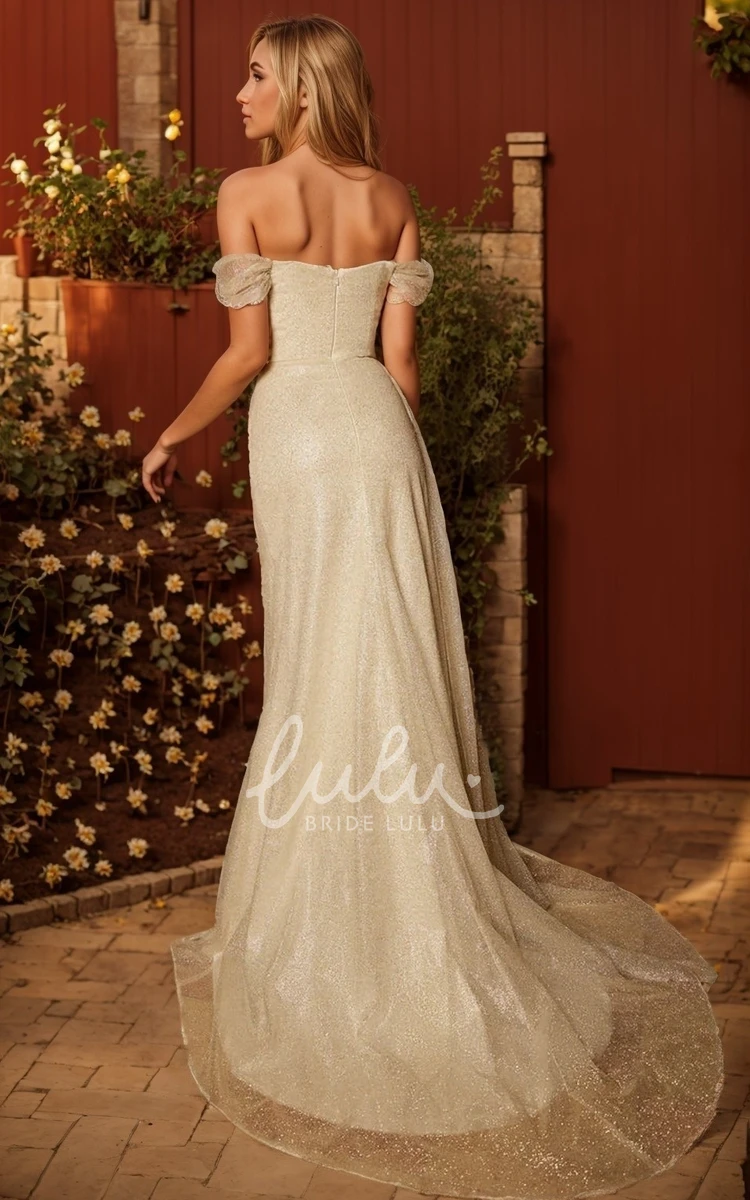 Modern Modest Unique Sheath Sequins Wedding Dress Sparkly Flowy High Slit Bridal Evening Party Gown