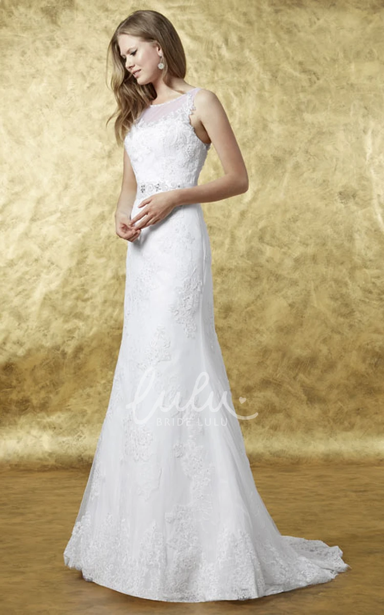 Sheath Lace Wedding Dress with Appliques and Bow Sleeveless Floor-Length Waist Jewelry