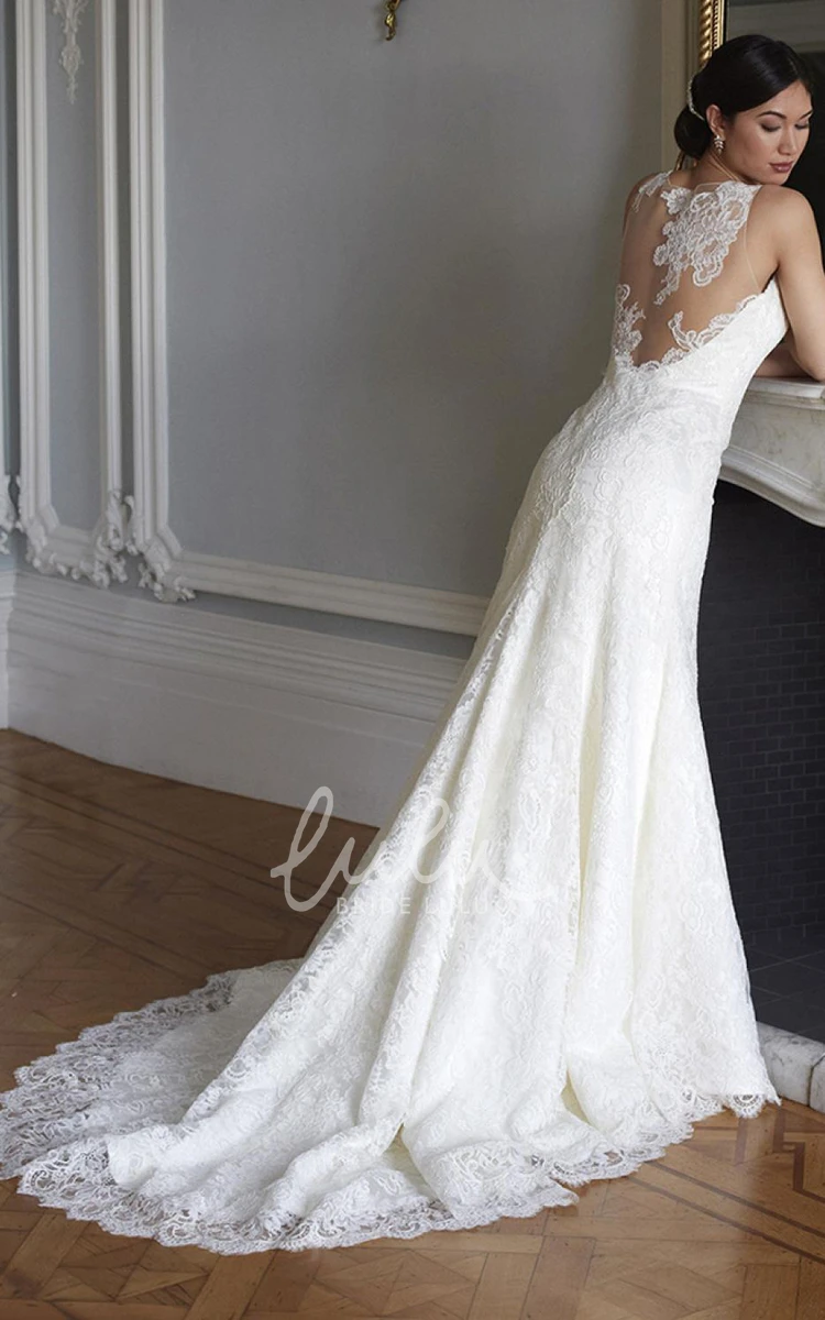 Illusion Sleeveless Lace Sheath Wedding Dress with Scoop-Neck