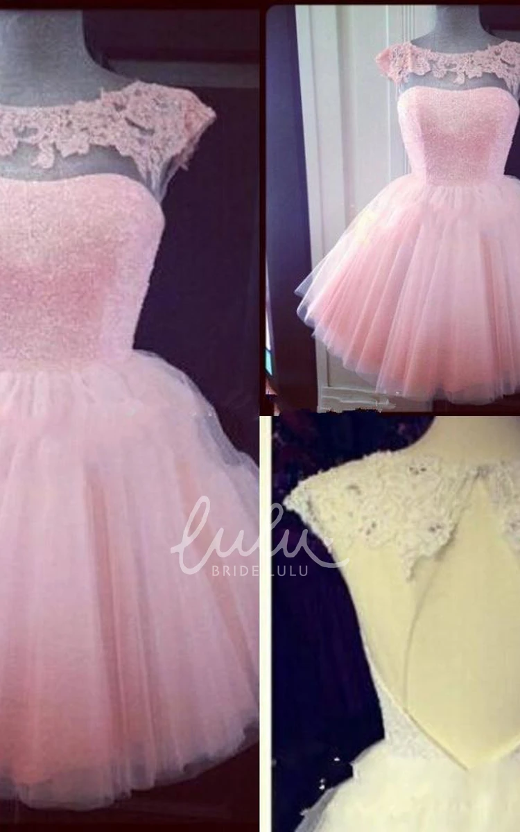 Pink Cap Sleeve Mini Prom Dress with Cute Appliques and Tulle