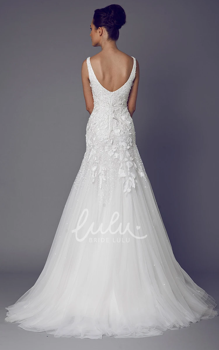 V-Neck Tulle Wedding Dress with Applique Sweep Train Long