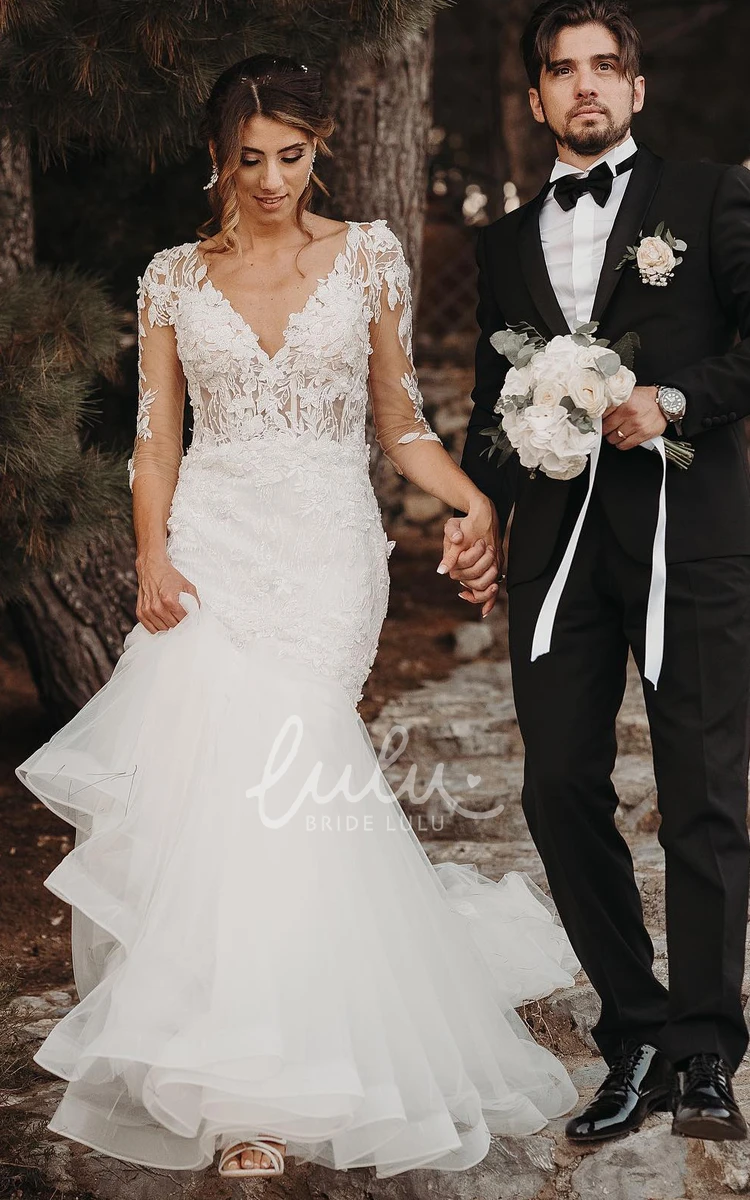 Simple Organza Mermaid Beach Wedding Dress Bridal Gown with Illusion Back and Appliques