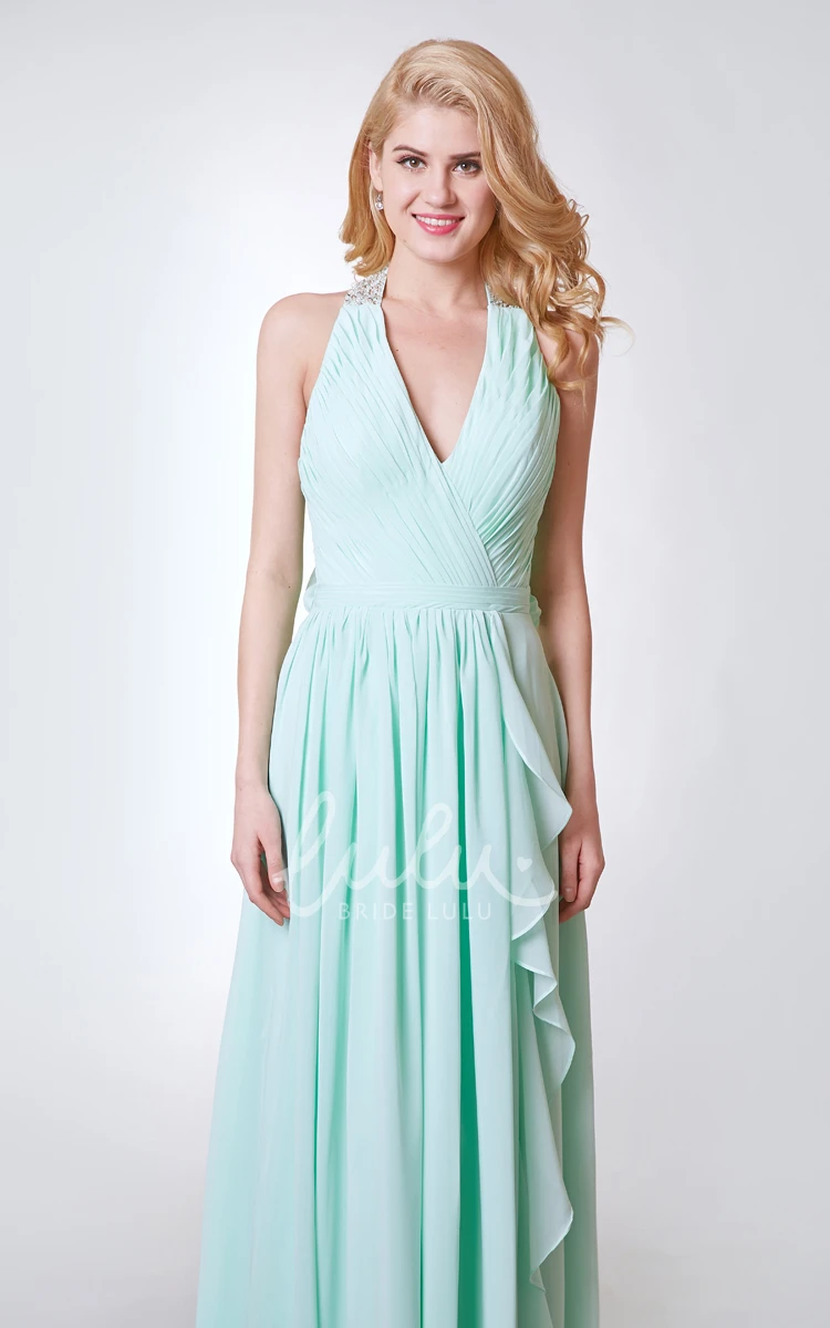 Elegant V-neck Chiffon A-line Dress with Illusion Back Ideal for Bridesmaids