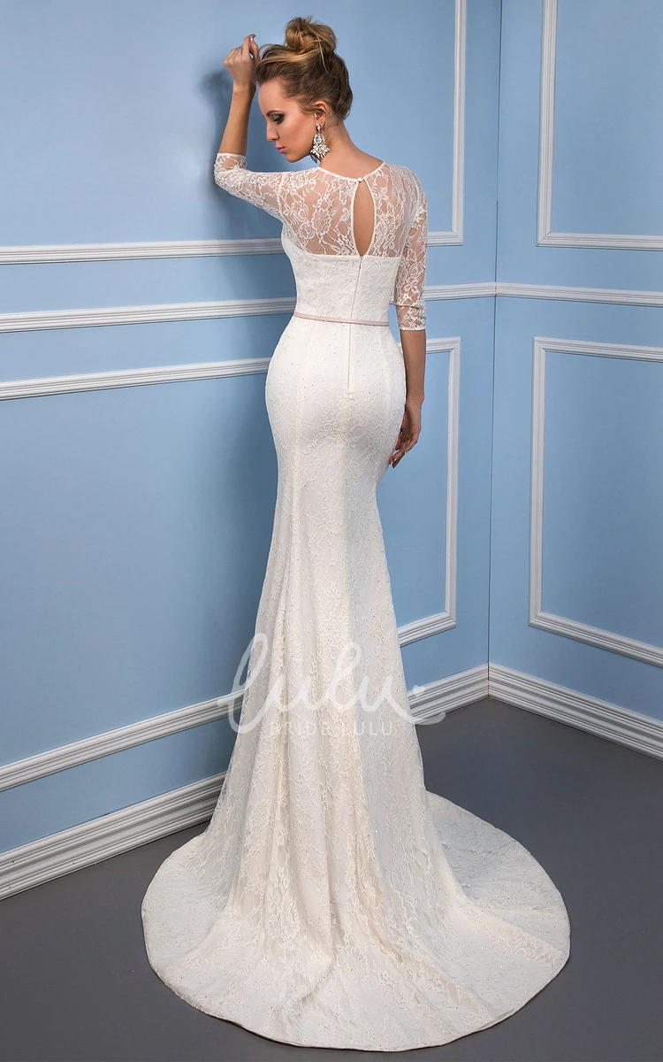 Lace Sheath Wedding Dress with Ribboned Scoop Neck and Brush Train 3/4 Sleeve